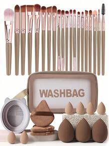 34pcs Makeup Brush Set, Including: 20pcs Makeup Brush, 3pcs Water Drop Makeup Sponge, 3pcs Triangle Powder Puff, 6pcs Mini Water Drop Makeup Sponge, 1pc Makeup Bag, 1pc Cleaning Tool, Makeup Brush Set, Mixed Makeup And Beauty Tools, Soft Bristles, Advanced Synthetic Red Powder Brush, Basic Makeup Brush