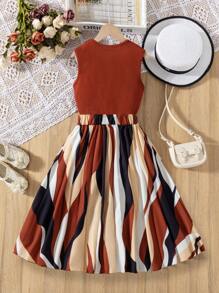 Conjunto de 2 peças para meninas pré-adolescentes, inclui blusa de malha canelada e saia plissada com estampa geométrica digital, roupa casual e elegante para primavera/verão - Castanho Café - Ver 2