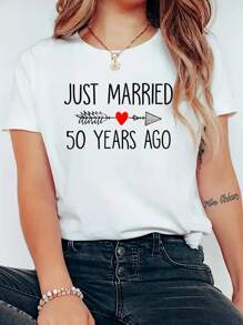 Just Married 50 Years Ago 50th Wedding Anniversary Couple T-Shirt Print Round Neck Short Sleeve T-Shirt For Women Casual, Summer, Women Top Graphic Tees Women Tops