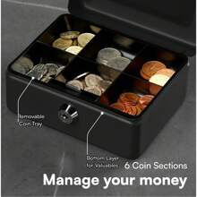 1 pièce Boîte à monnaie compacte en métal avec serrure à combinaison, boîte de  de 6 pouces avec plateau à monnaie, finition noire brillante, parfaite pour les détaillants, usage personnel, bureau à domicile et stockage sécurisé, 15 x 12 x 9 cm