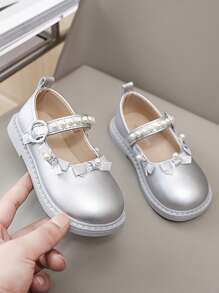 1 Pair Simple Solid Color Fashionable Pearl Bow Hook And Loop Mary Jane Flat Shoes For Girls - Silver - View 5