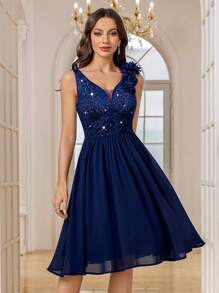 MIUSOL Deep V-Neck Sequin Floral Lace Sleeveless Ruffle Hem Chiffon Cocktail Party Swing Dress - Navy Blue - View 7