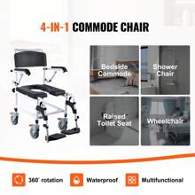 Shower Commode Wheelchair With 4 Lockable Wheels, Footrests, Flip-Up Arms, 3-Level Adjustable Height, 5L Removable Bucket, 350 LBS Capacity, Commode Chair For Adults Seniors