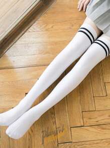 1双简约百搭双横条纹过膝袜，时尚，Y2K风格，舒适 - 黑與白 - 查看 5