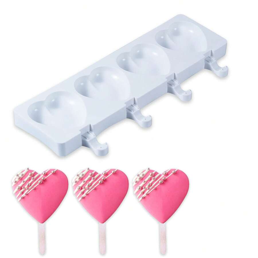 Popsicle Mold, Silicone Ice Pop Molds, Heart-Shaped Ice Cream Mold For Cakesicles, 4 Cavities, 50-Piece Popsicle Sticks Included