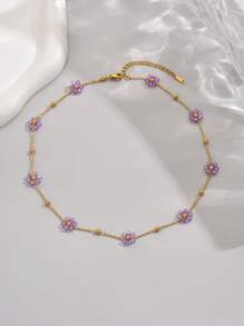 LIEBEIRIS 1 pieza Collar con cuentas y flor de cristal enchapado en oro de 18k, de acero inoxidable, adecuado para uso diario o como regalo para mujeres (Collar hecho a mano, la cantidad de flores y cuentas es aleatoria) - Púrpura malva - Ver 3