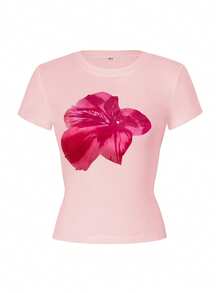 Vaiaye 女式夏季热带花卉印花夏威夷波西米亚风海滩度假上衣，圆领短袖修身温柔甜美图案 T 恤 - 淺粉色 - 查看 3