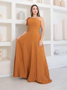 Victoria Long Luxury Dress Plain Duna Linen With Bow One Shoulder - Camel - View 1