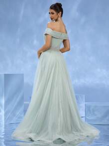 DELLA COUTURE Off The Neck Floor Length Evening Dress For Wedding Celebrations, Banquets And Parties. Its Floor Length Design Makes It A Great Choice For Women Summer Dresses, Wedding Guest Dress, Which Is An Exquisite Formal Dress For Women, Party Dress, For Cocktail - Light Green - View 3