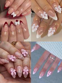 Transform Your Nails With, 96pcs Almond Nail, French Bow Pearls Design Press-On Nails LongPerfect Fit False Nail Set, Contains 1 Nail File 1 Jellyglue, For Women & Girl