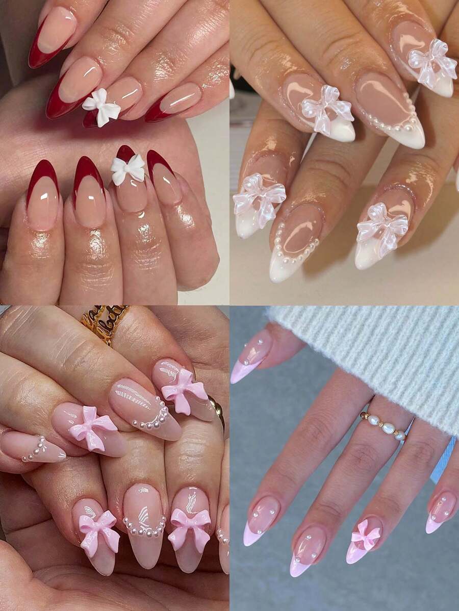 Transform Your Nails With, 96pcs Almond Nail, French Bow Pearls Design Press-On Nails LongPerfect Fit False Nail Set, Contains 1 Nail File 1 Jellyglue, For Women & Girl