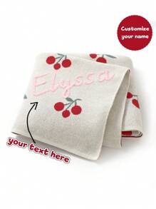1pc Customizable Name Hand-Embroidered Knitted Cherry Pattern Soft Baby Blanket, Suitable For All Seasons - White - View 2