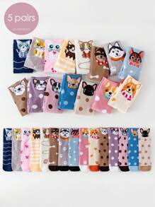 1 Pair/5 Pairs/10 Pairs/15 Pairs Multi-Color New Cute Puppy Cat Heart Dot Breathable Fashion Mid-Calf Short Socks, Suitable For Everyday Wear - Multicolor - View 12