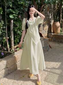 女式中长垂坠高腰半身裙，夏季 - 杏色 - 查看 5