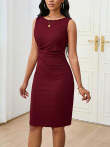 Women Sleeveless Elegant Wear To Work Slim Bodycon Dress - Burgundy - View 4