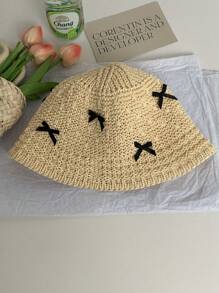 1 件可爱蝴蝶结丝带镂空透气瘦身渔夫帽，女士夏季防晒帽，手工编织蝴蝶结草帽