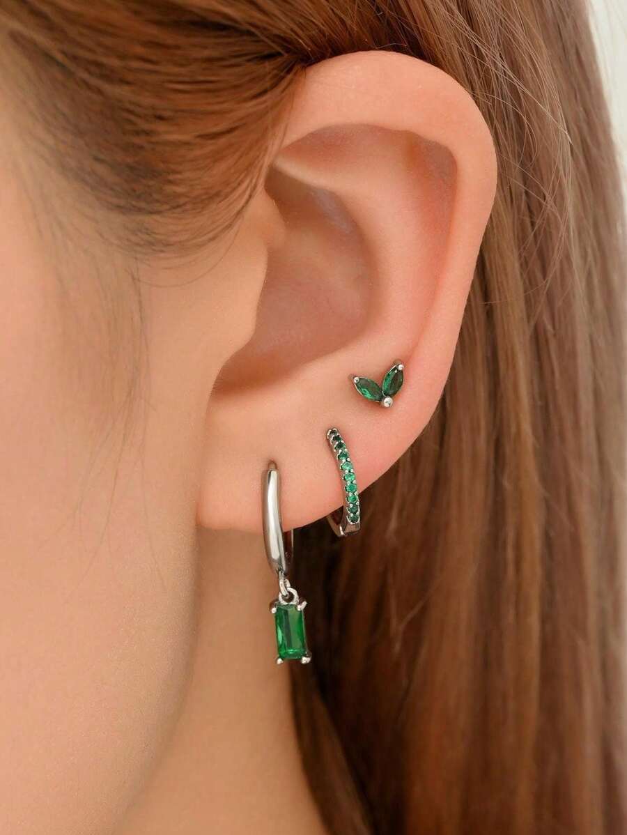 6pcs Vintage Green Crystal Geometrical Earrings Set - Multicolor - View 1