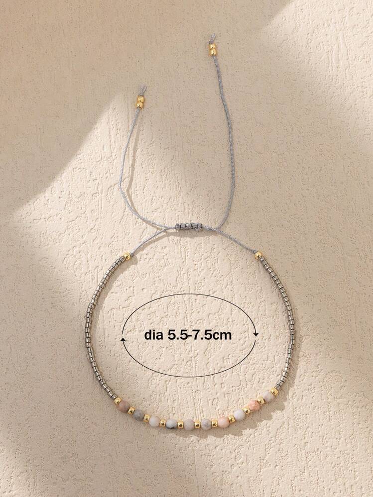 1 pieza Pulsera ajustable de cuerda con cuentas de piedra natural tallada de estilo bohemio, pulsera de amuleto de piedra de la suerte para pareja - Multicolor - Ver 3