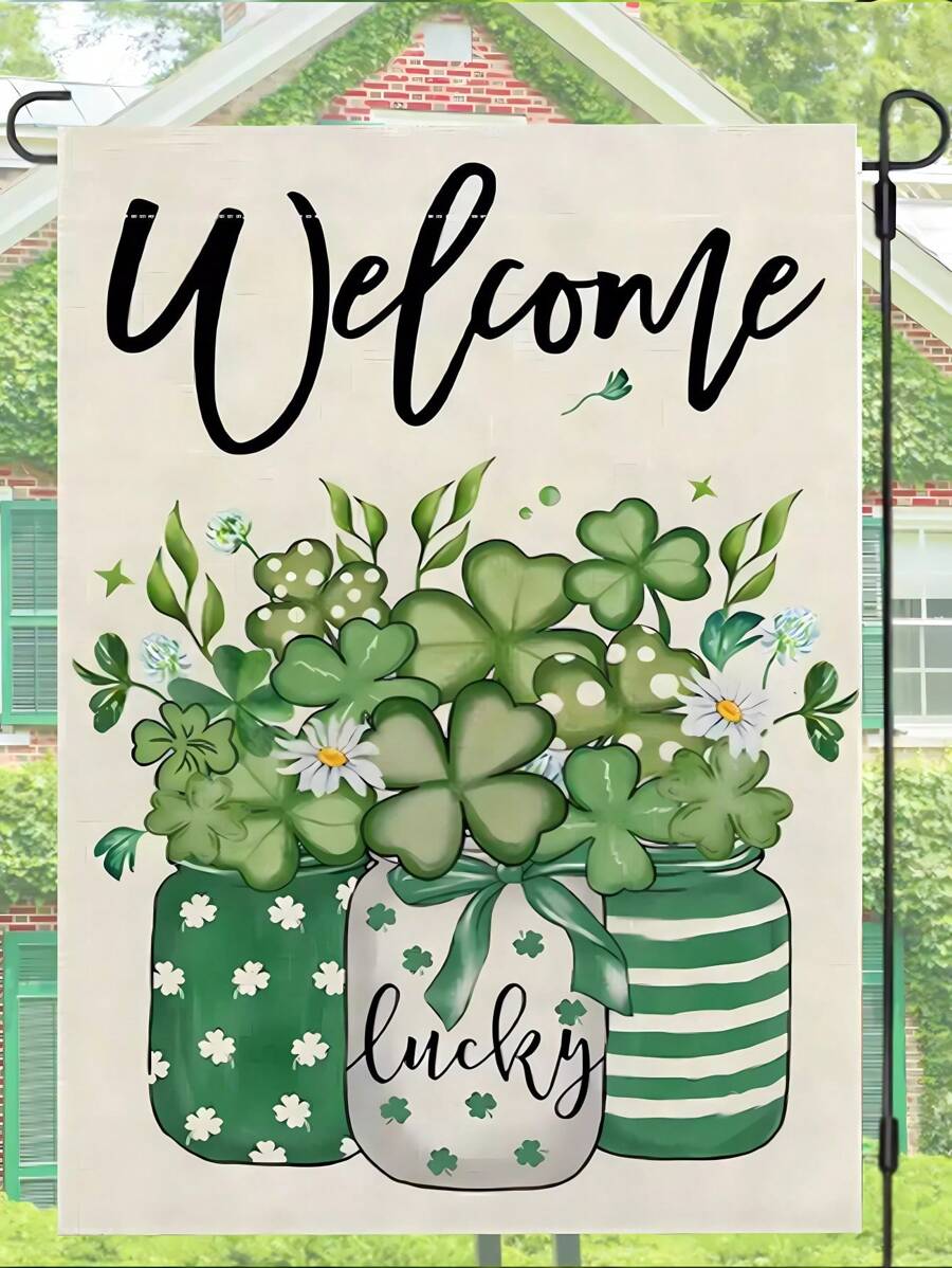 1 件绿色四叶草节日圣帕特里克节欢迎花园旗帜，双面 - 彩色 - 查看 1