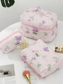 1PC/Set Light Purple Quilted Makeup Bag, Purple Butterfly Fashionable Casual Fashion Portable Makeup Bag, Multifunctional, Simple Makeup Bag, Large Capacity Storage Bag, Can Be Used For Accessories Such As Wallets, Lipsticks, Sanitary Napkins, Coins, Keys, Travel Storage Bags, Sunglasses, Suitable For Women, Girls, Teenagers, Female Students, Gifts. Drawstring Bag. Cosmetic Bag - Mauve Purple - View 2