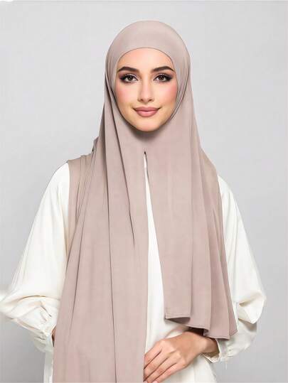 1pc Muslim Women's One-Step Khimar Scarf – Pre-Tied Slip-On Modest Head Cover, No-Pin Jersey Hijab With Neck Coverage, Lightweight Stretch Fabric For Prayer, Travel, Work, Daily Wear. For Dress