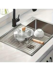 Stainless Steel Roll-Up Dish Drying Rack - Collapsible, Space-Saving, Over Sink, Rust-Resistant, Easy Clean, Kitchen Sink Organizer Rack, Dish Drainer Kitchen Items Kitchen Accessories Kitchen Tools