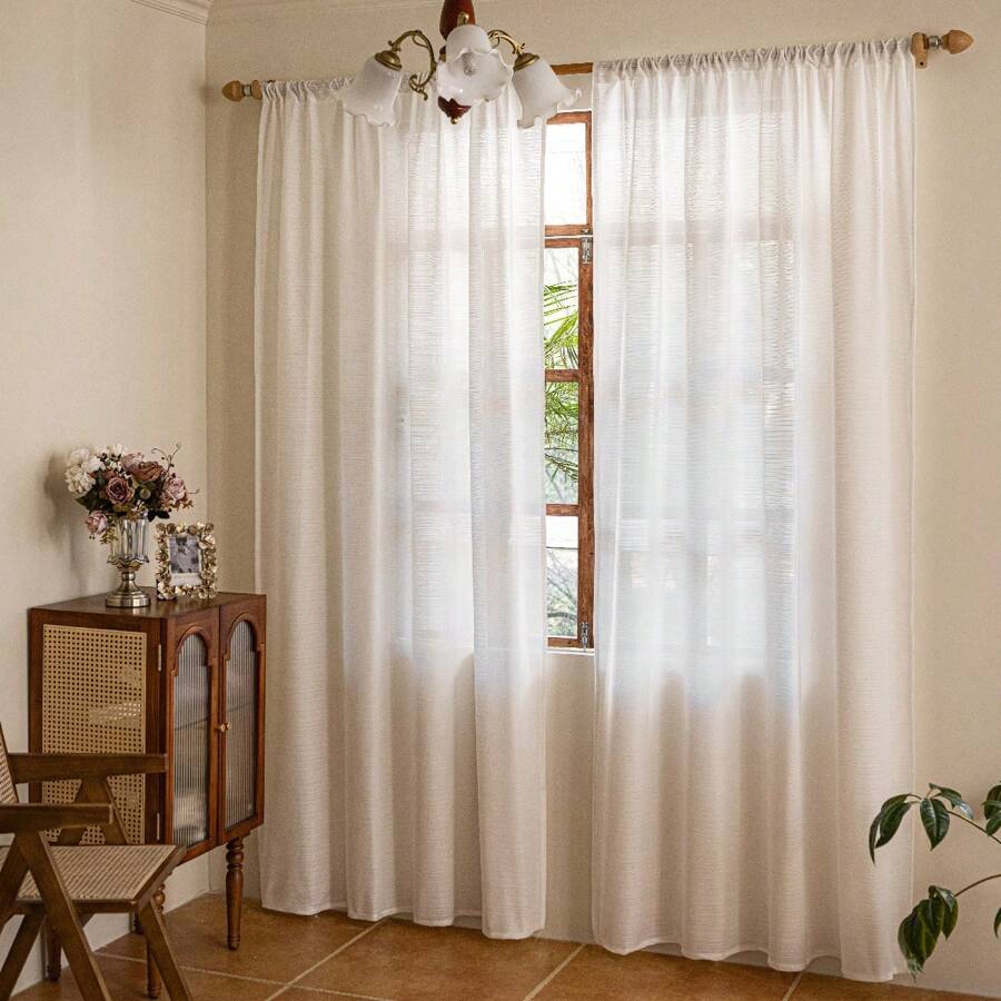 2 件装 白色朦胧镜面纱 浅色半透明 客厅、卧室、厨房、浴室、咖啡厅 通用可穿杆薄纱 - 白色 - 查看 1