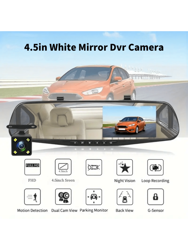 4.5" 1080P Full HD Dual Dash Cam, Front & Rear Recording, Backup Camera, Wide Angle Starlight Night Vision, Ultra-Thin Design, Fits Over 50 Vehicle Models