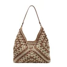 新款别致甜美编织纹理草编包，时尚 Ins 风格女士单肩包，纸绳包，波西米亚风，沙滩包，女士草编沙滩包，夏季编织沙滩手提包，单肩手提包 - 彩色 - 查看 14