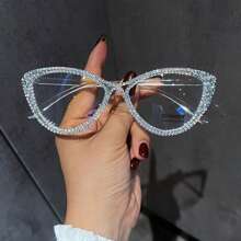 1 Pair Of Women's Cat Eye Rhinestone Clear Glasses Clear Glasses Accessories Glasses Accessories For Women Valentine's Day - Grey - View 3