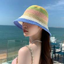 1pc Gestreepte Regenboog Bohemian Geweven Zonnehoed, Ademende UV-bescherming, Geschikt voor Buiten/Reizen/Strand, Modieus Accessoire & Geschenk, Ideaal voor Dagelijks Gebruik, Zomer