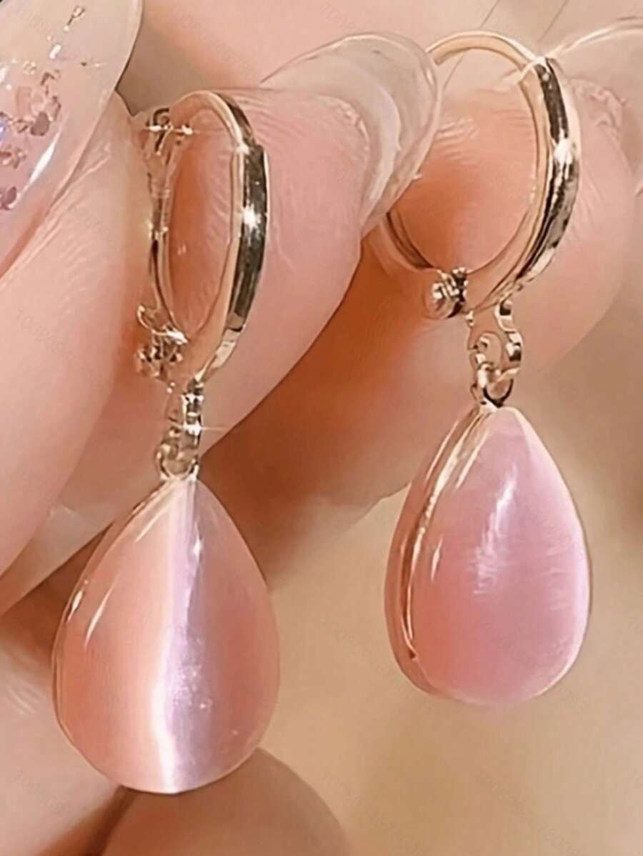 1 Pair Minimalist Teardrop Double-Sided Cat Eye Stone Earrings For Women, Lightweight & Versatile - Pink - View 1