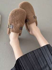 女士保暖仿羊毛一脚蹬拖鞋，封闭式趾毛绒滑动家居拖鞋，厚平底 Boken 款式 - 棕色 - 查看 5