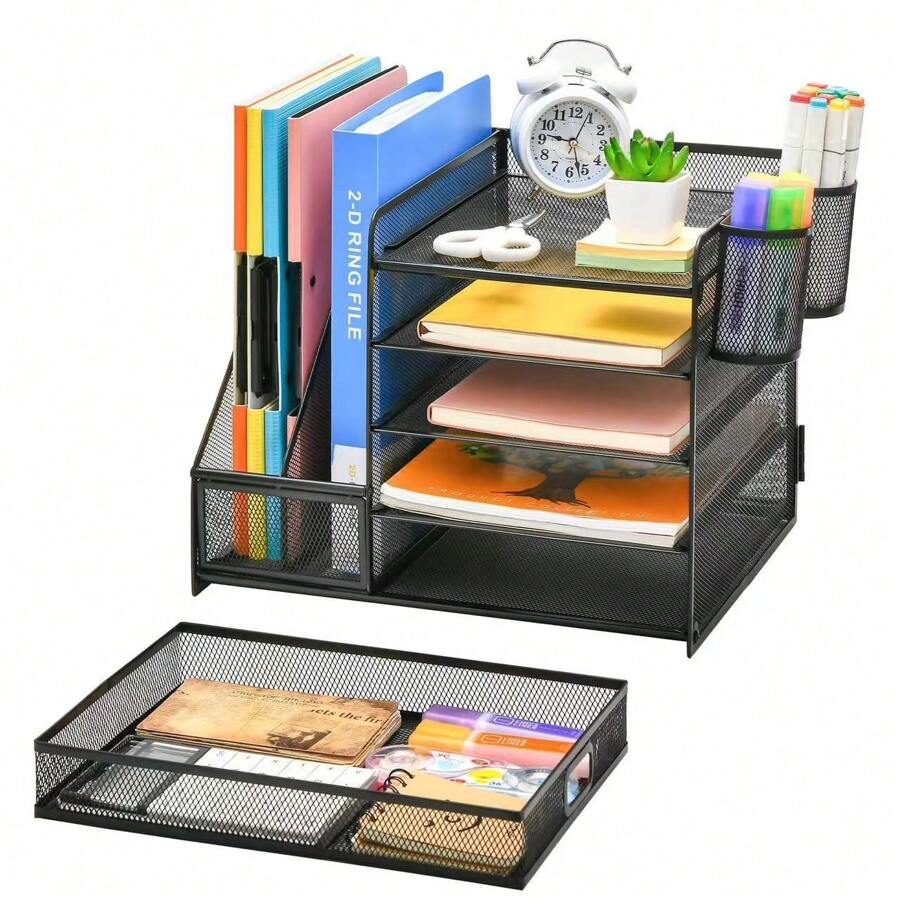 Desktop Storage Document Rack, 5-Layer Paper Letter Tray Organizer With Drawer, 2 Pen Holders, Grid Desktop Organizer With Magazine Rack For Files, Books And Supplies, Storage Organizer - 黑色 - 查看 1
