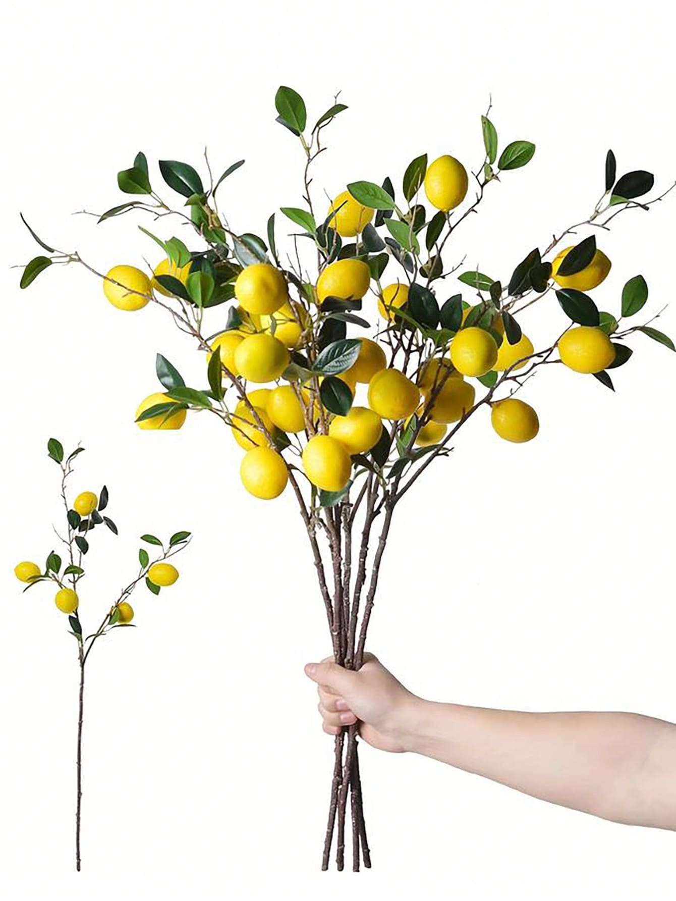 1 Stück mit 5 gelben Früchten, Zitronen Früchte, Zitronenzweige, 94 cm künstliche Blumenzweige, geeignet für Heim, Hochzeit und Party Dekoration - frische und lebendige Frucht Dekoration, passend für Tische und Vasen
