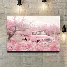 1 Pieza Encantador Póster de Lona de Camión Vintage Rosa y Jardín de Cerezas - Arte de Pared Pastel Suave con Marco de Madera Envuelto, Ideal para Decoración de Sala de Estar - Multicolor - Ver 2