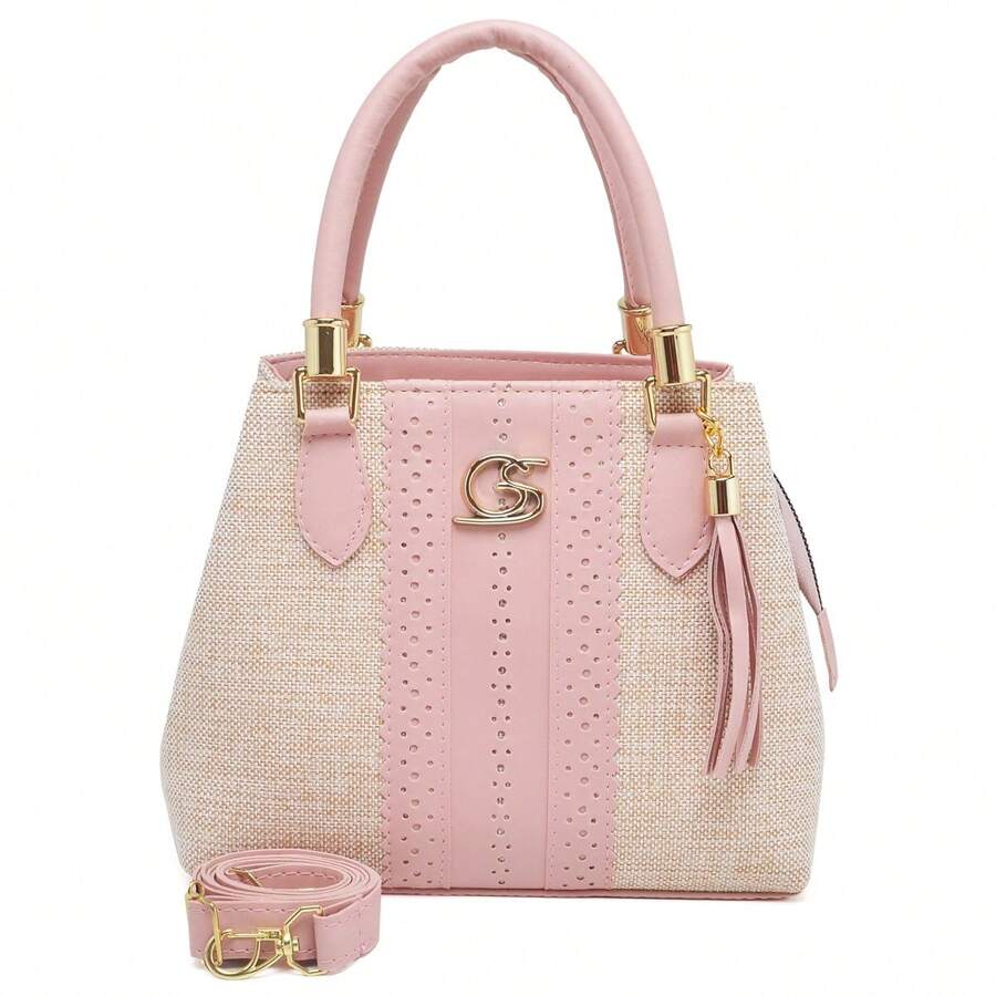 Bolsa Paris Feminina, Trabalhada em Tecido e Sintético PU, Bolsa Média com Uma Divisória ( dois compartimentos ), Bolsa para Passeio, Estilo 4 Estções, Gaby Show - Rosa ouro - Visão 1