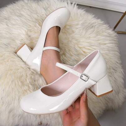 Shiny Patent Leather Thick Heel Round Toe Red High Heels For Women, Fashionable Instep Strap Mary Jane Shoes, Comfortable For Indoor/Outdoor Party Leopard Print Leather Bohemian Style Black High Heel Shoes For Women, Run Half Size Larger