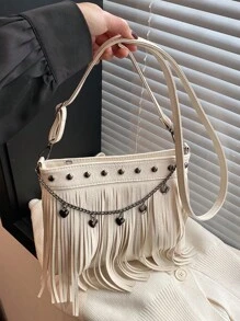 New Rivet Retro Women Crossbody Bag, Versatile Tassel Shoulder Bag With Heart Shaped Chain, Suitable For Outing, Date, Commuting - White - View 4