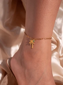 棕榈树诞生石脚链 闪亮多层链条脚链 女士金色不锈钢防水沙滩珠宝 她的礼物