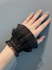 1 Pair Of Original Lace Ruffle Wrist Cuffs, Bridal Wedding Dress Wrist Decor, Romantic French Lace Detachable Sleeves - Black - View 6