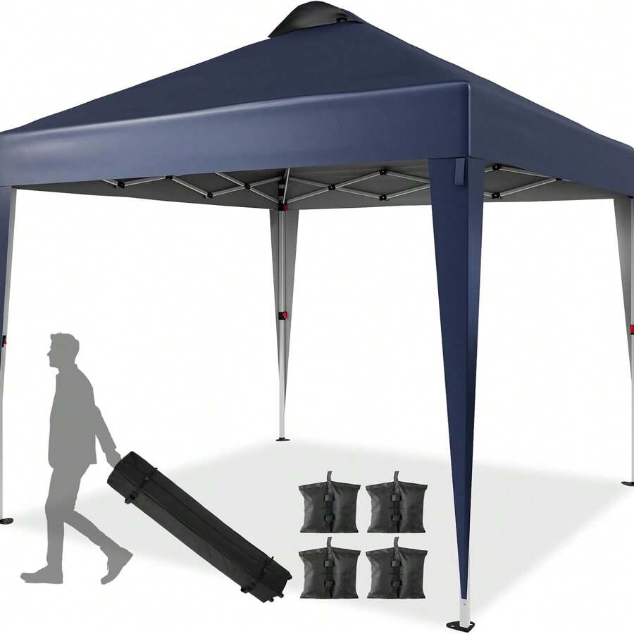 10x10FT Pop Up Canopy Tent, Silver Coated Tarp Beach Tent With Portable Roller Bag And 4 Sandbags, Waterproof Sun Shelter Gazebo For Outdoor Party, Camping, Commercial Events - Navy Blue - View 1