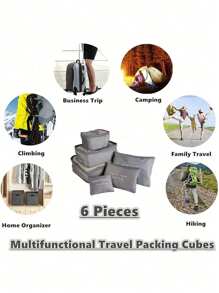 6 件/套多功能旅行收纳袋 ---- 衣物整理袋：包括化妆品、洗漱用品、防尘行李箱、学校搬家、行李衣服，适用于衣服、鞋子、内衣、学校用品 - 彩色 - 查看 5