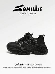 somiliss 1 双 2025 春季新款运动风格防滑女士休闲运动鞋，前系带超纤皮革网眼透气舒适跑步鞋，时尚百搭 7 厘米厚底星形图案户外步行鞋，黑色