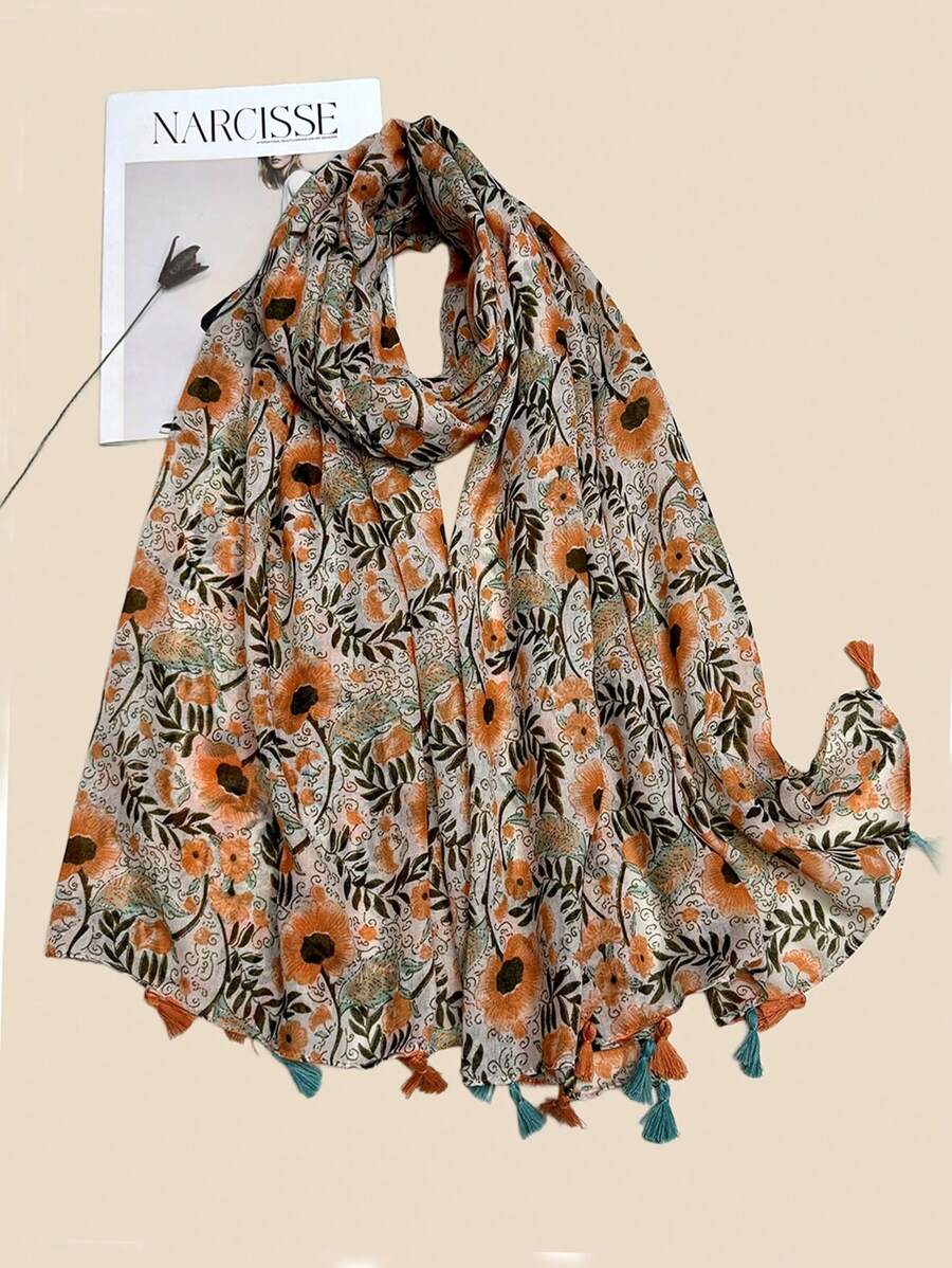 新款透气流苏披肩，优雅风格围巾，时尚女士真丝围巾，活力波西米亚风大围巾，户外防晒沙滩披肩，多功能头巾 - 彩色 - 查看 1