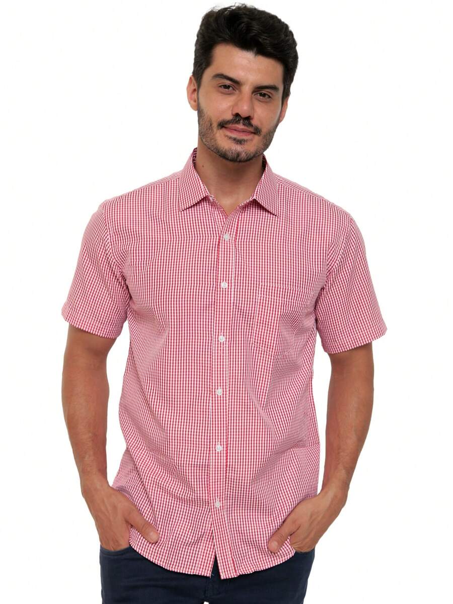 Rand paul Men's Casual Slim Fit Short Sleeve Plaid Shirt With Pockets - 粉色 - 查看 1