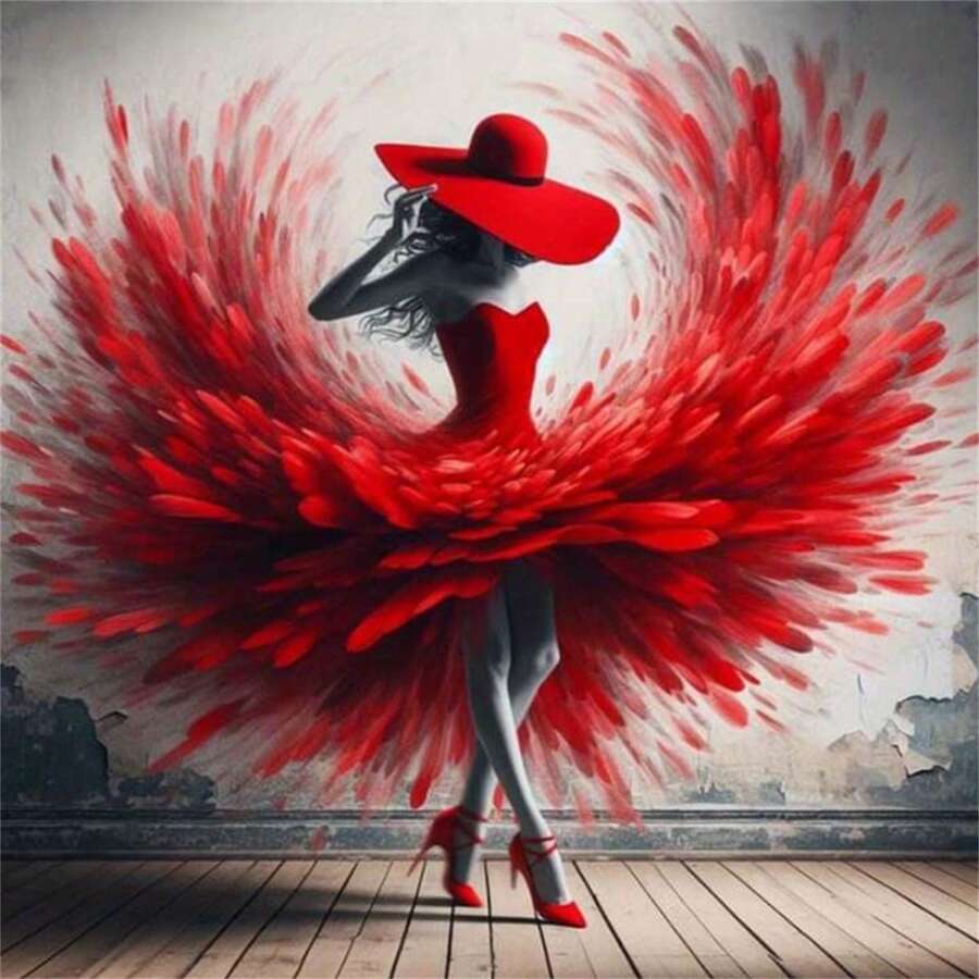 钻石艺术绘画套装，5D DIY 红色连衣裙美女，全圆形钻石艺术套装适合成人初学者 - 水晶水钻套装马赛克手工艺品适用于家居墙壁装饰圣诞礼物 - 彩色 - 查看 1