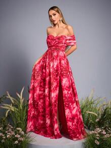 Mgiacy-Floral 新款法式露肩成熟伴娘礼服光环染色印花褶饰高开叉雪纺长裙 - 粉色 - 查看 4