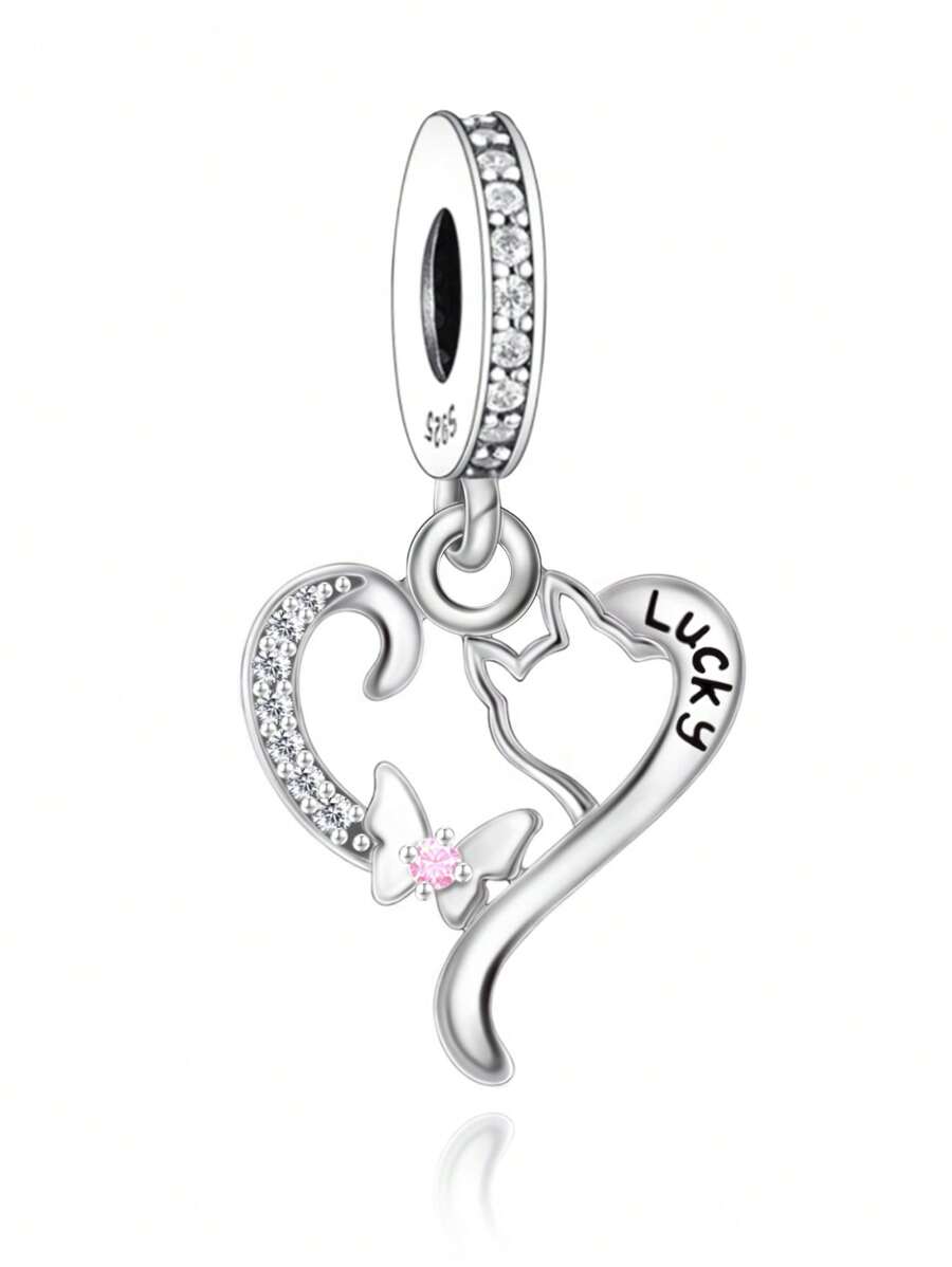 1pc 925 Sterling Silver Cat Shaped Heart & Butterfly CZ Zirconia Pendant, Suitable For Women Mother's Day Gift - Silver - View 1