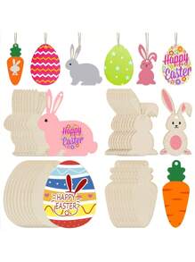 8 sztuk wielkanocnego zająca i jajka drewniane wiszące dekoracje zestaw - DIY samoprzylepny zestaw rzemieślniczy z nicią, puste wióry drewniane, nadaje się do dekoracji domu i imprezy świątecznej, dekoracja imprezy wielkanocnej, wypełnienie jajek wielkanocnych